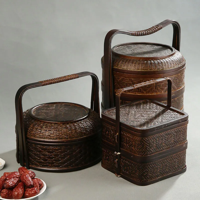 Food Snacks With Fiber - Bamboo Picnic Basket with Lid Multi-Layer